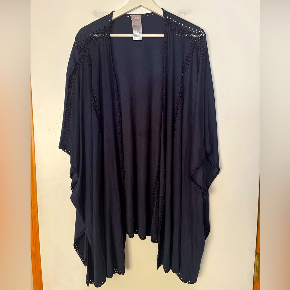 Chico’s Navy Blue Short Sleeve Crochet Womens L/XL Cardigan Wrap Open Front